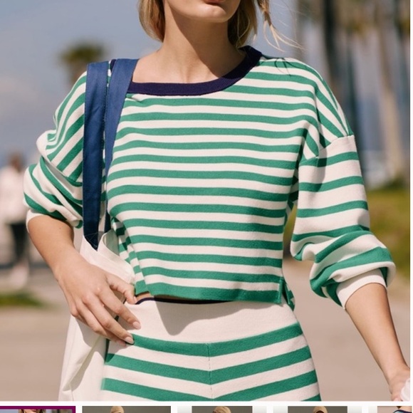 NWOT Anthropologie Daily Practice Green and White Striped Knit Crop Sweater 1X - Picture 5 of 15